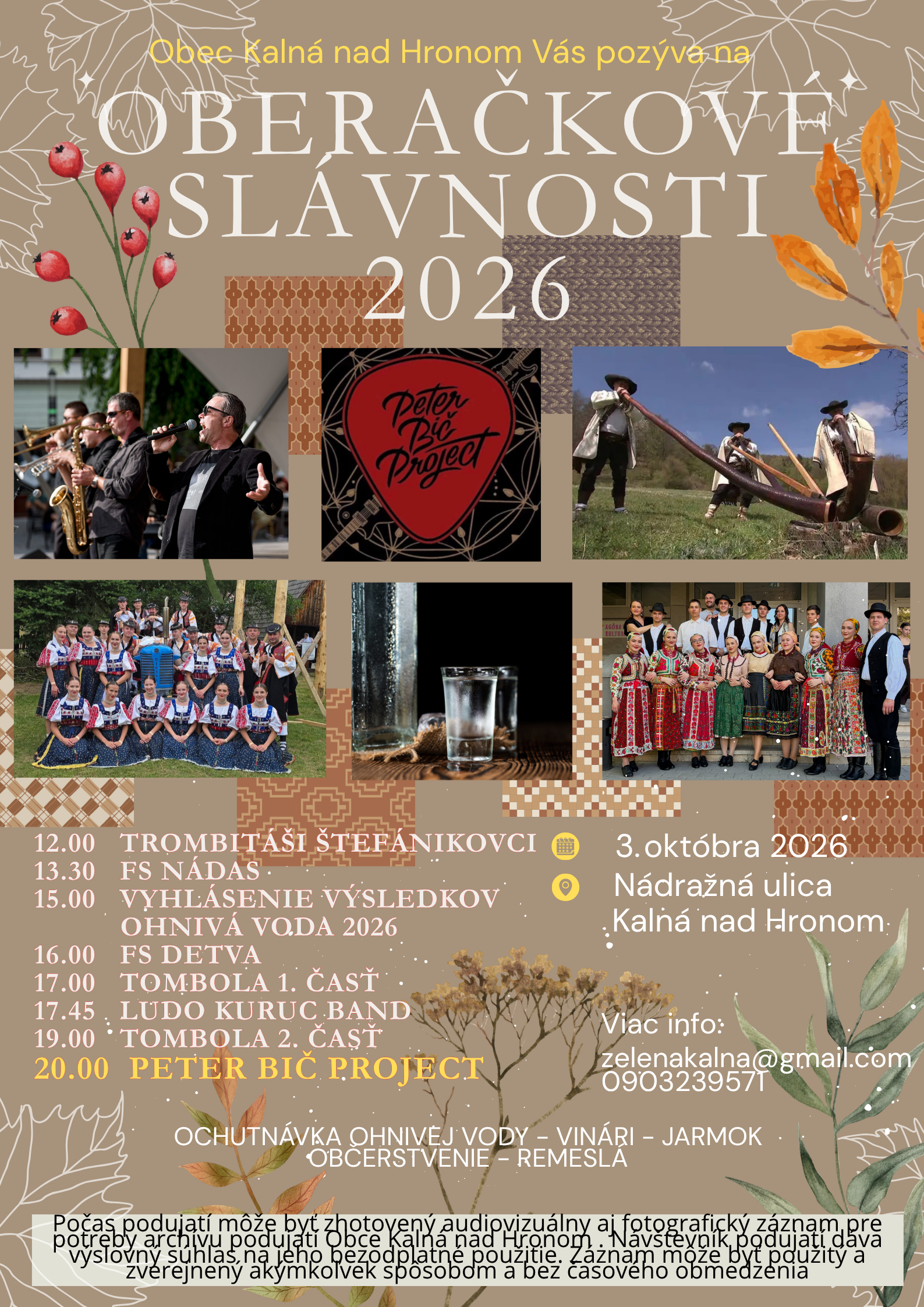 Pozvánka oberačkové slávnosti 2026 v Kalnej nad Hronom a ohnivá voda